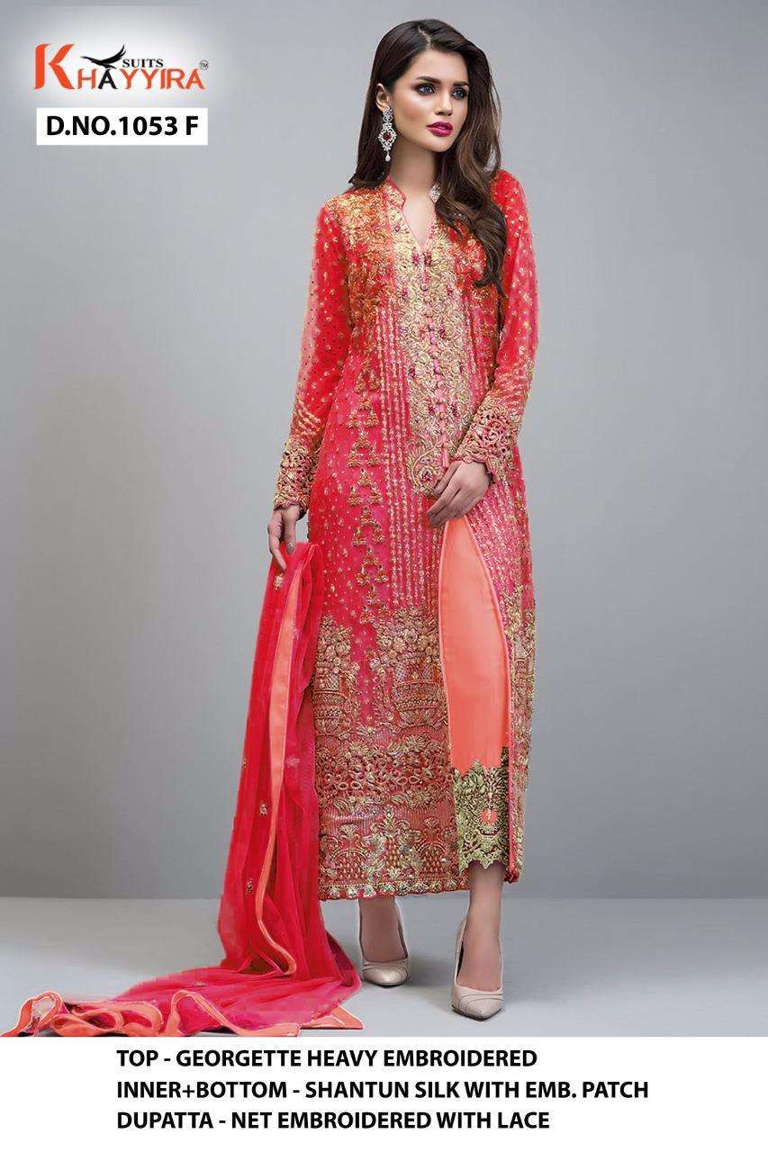 KHAYYIRA HIT DESIGN 1053 COLOURS BY KHAYYIRA 1053-F TO 1053-I SERIES BEAUTIFUL PAKISTANI SUITS COLORFUL STYLISH FANCY CASUAL WEAR & ETHNIC WEAR HEAVY GEORGETTE EMBROIDERED DRESSES AT WHOLESALE PRICE