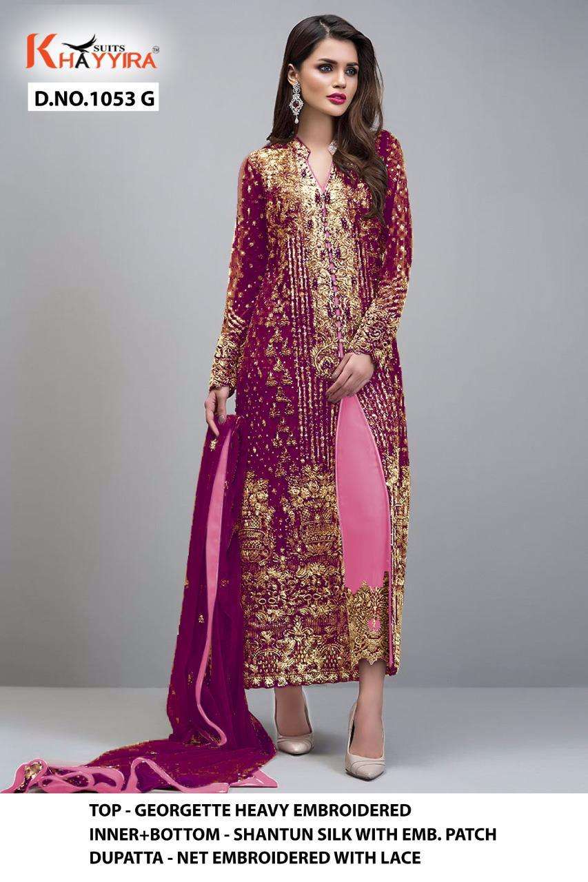 KHAYYIRA HIT DESIGN 1053 COLOURS BY KHAYYIRA 1053-F TO 1053-I SERIES BEAUTIFUL PAKISTANI SUITS COLORFUL STYLISH FANCY CASUAL WEAR & ETHNIC WEAR HEAVY GEORGETTE EMBROIDERED DRESSES AT WHOLESALE PRICE