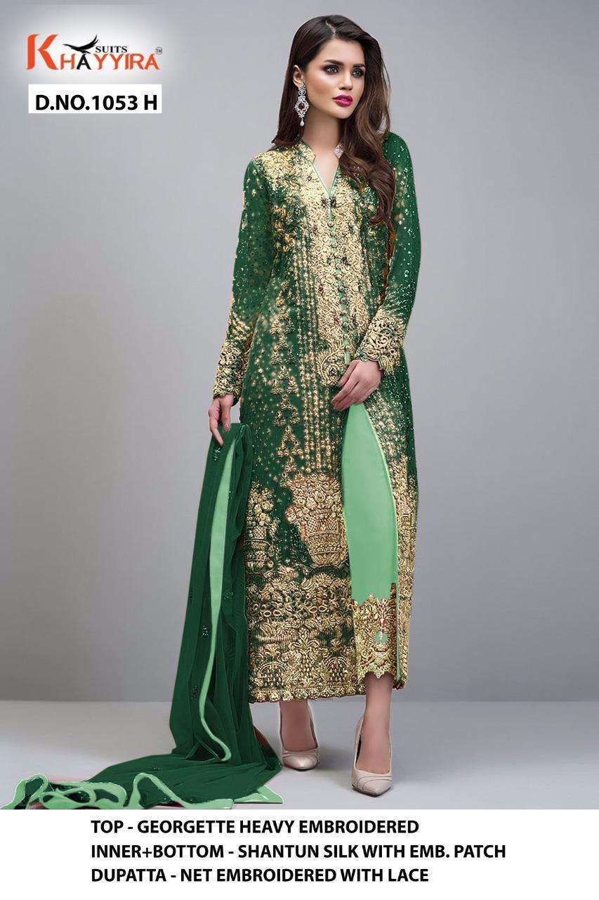 KHAYYIRA HIT DESIGN 1053 COLOURS BY KHAYYIRA 1053-F TO 1053-I SERIES BEAUTIFUL PAKISTANI SUITS COLORFUL STYLISH FANCY CASUAL WEAR & ETHNIC WEAR HEAVY GEORGETTE EMBROIDERED DRESSES AT WHOLESALE PRICE