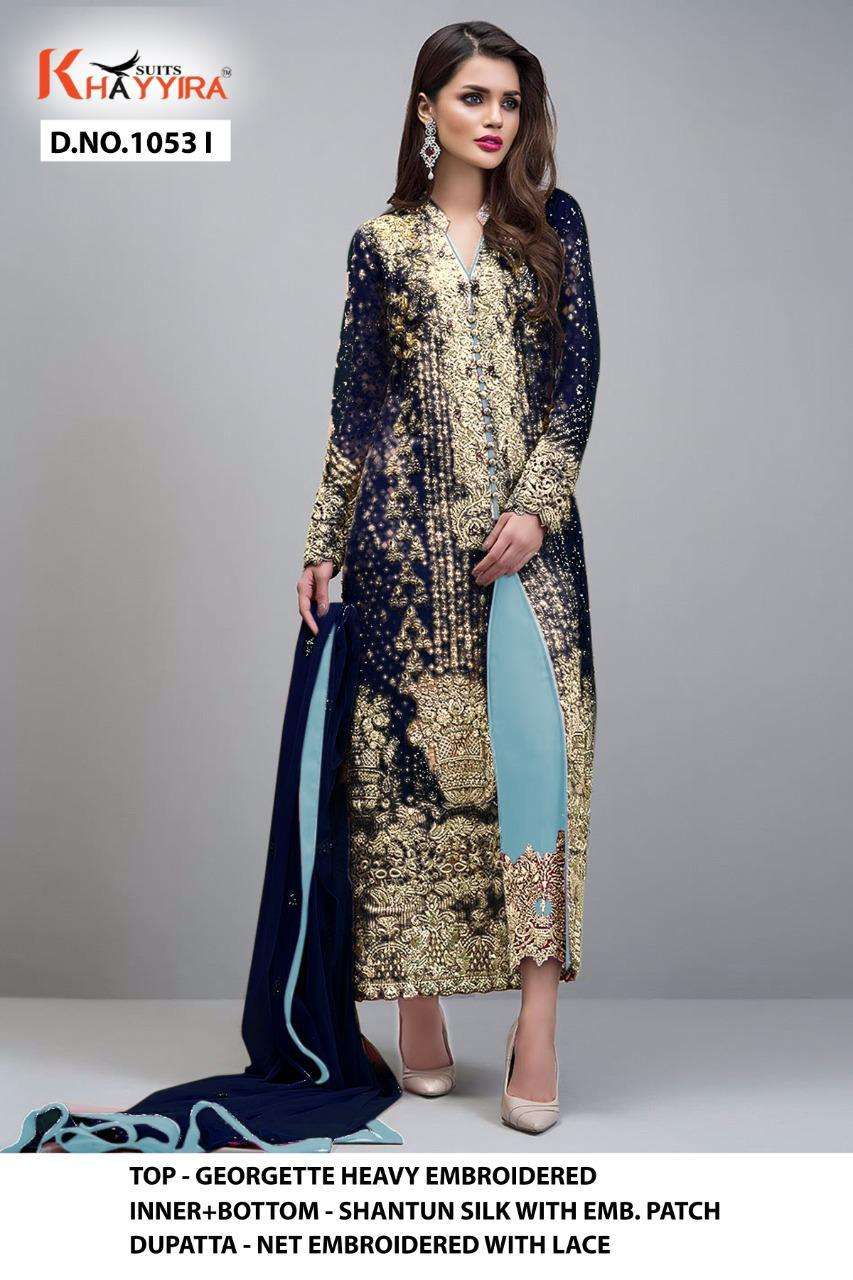 KHAYYIRA HIT DESIGN 1053 COLOURS BY KHAYYIRA 1053-F TO 1053-I SERIES BEAUTIFUL PAKISTANI SUITS COLORFUL STYLISH FANCY CASUAL WEAR & ETHNIC WEAR HEAVY GEORGETTE EMBROIDERED DRESSES AT WHOLESALE PRICE