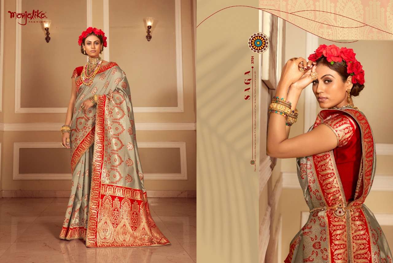 MEHER SILK BY MONJOLIKA 3701 TO 3706 SERIES INDIAN TRADITIONAL WEAR COLLECTION BEAUTIFUL STYLISH FANCY COLORFUL PARTY WEAR & OCCASIONAL WEAR SILK SAREES AT WHOLESALE PRICE
