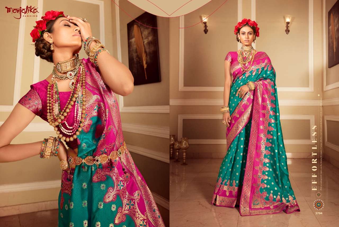 MEHER SILK BY MONJOLIKA 3701 TO 3706 SERIES INDIAN TRADITIONAL WEAR COLLECTION BEAUTIFUL STYLISH FANCY COLORFUL PARTY WEAR & OCCASIONAL WEAR SILK SAREES AT WHOLESALE PRICE