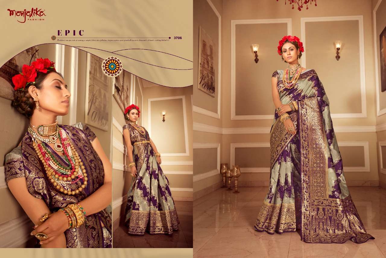 MEHER SILK BY MONJOLIKA 3701 TO 3706 SERIES INDIAN TRADITIONAL WEAR COLLECTION BEAUTIFUL STYLISH FANCY COLORFUL PARTY WEAR & OCCASIONAL WEAR SILK SAREES AT WHOLESALE PRICE
