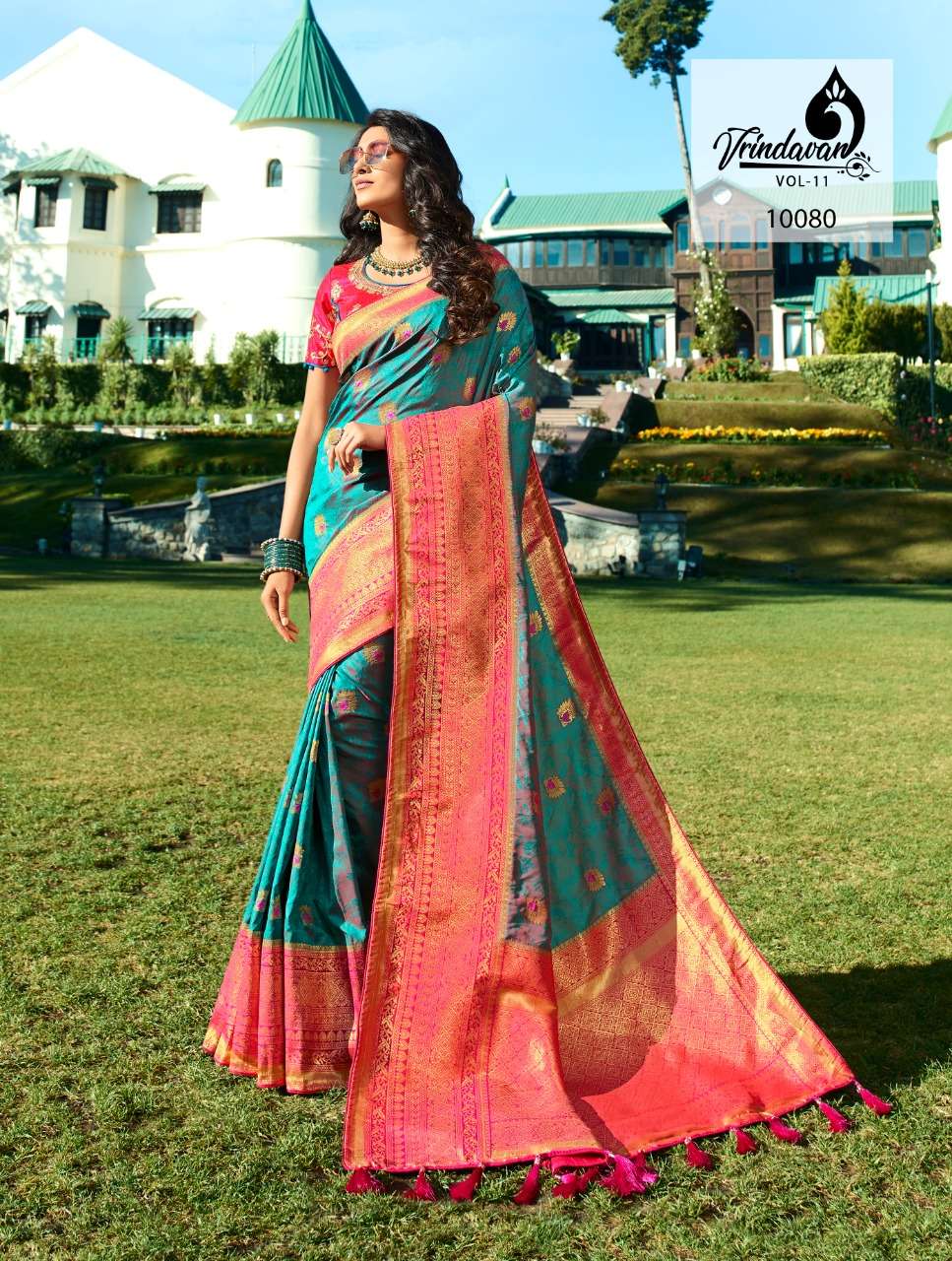 VRINDAVAN VOL-11 BY VRINDAVAN 10073 TO 10087 SERIES INDIAN TRADITIONAL WEAR COLLECTION BEAUTIFUL STYLISH FANCY COLORFUL PARTY WEAR & OCCASIONAL WEAR FANCY SAREES AT WHOLESALE PRICE
