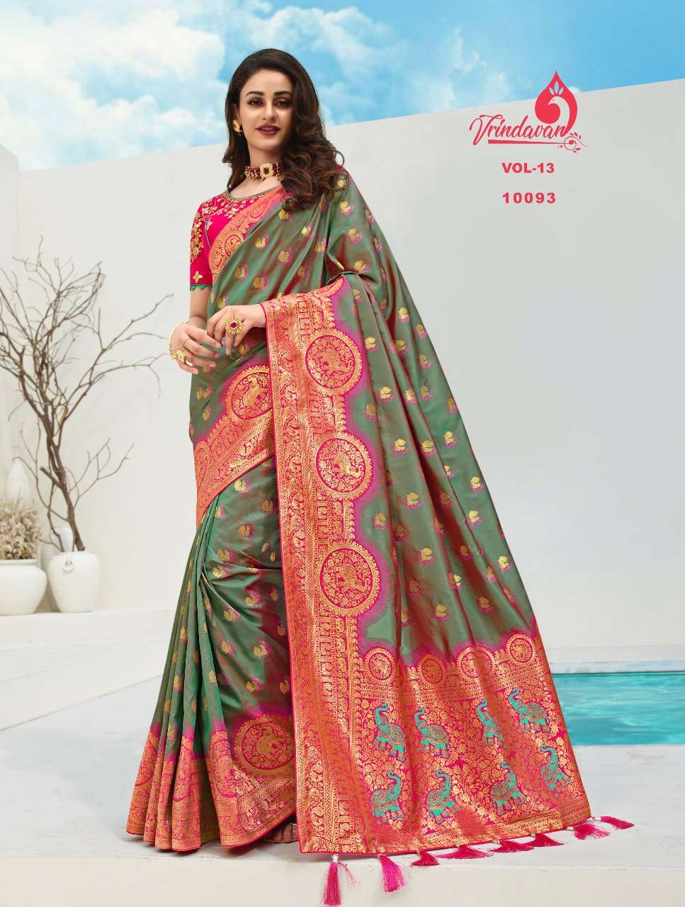 VRINDAVAN VOL-13 BY VRINDAVAN 10088 TO 10102 SERIES INDIAN TRADITIONAL WEAR COLLECTION BEAUTIFUL STYLISH FANCY COLORFUL PARTY WEAR & OCCASIONAL WEAR FANCY SAREES AT WHOLESALE PRICE