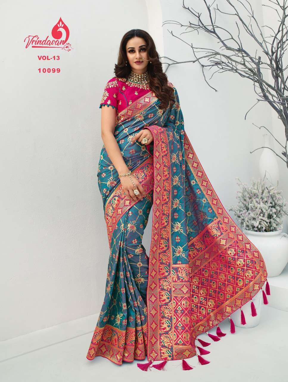 VRINDAVAN VOL-13 BY VRINDAVAN 10088 TO 10102 SERIES INDIAN TRADITIONAL WEAR COLLECTION BEAUTIFUL STYLISH FANCY COLORFUL PARTY WEAR & OCCASIONAL WEAR FANCY SAREES AT WHOLESALE PRICE
