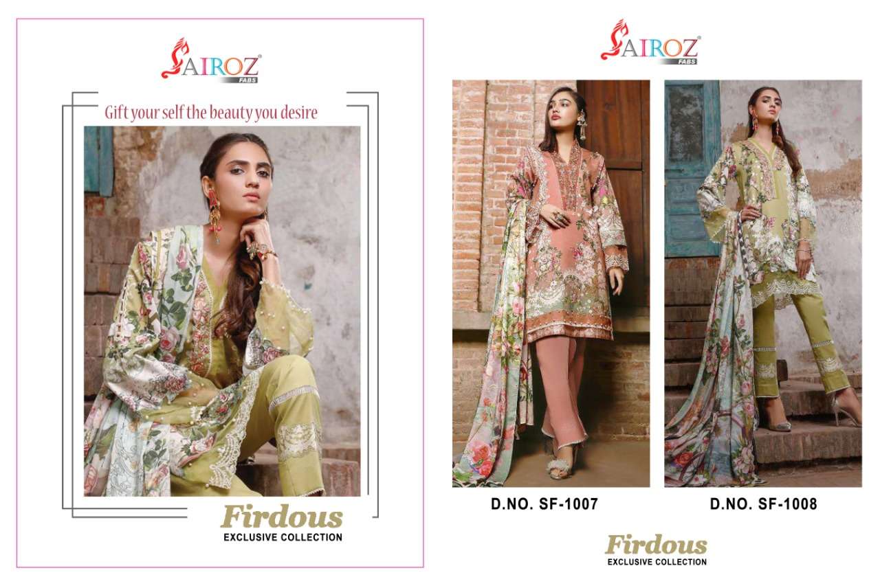 FIRDOUS EXCLUSIVE COLLECTION VOL-2 BY SAIROZ FABS 1007 TO 1008 SERIES BEAUTIFUL SUITS STYLISH FANCY COLORFUL PARTY WEAR & OCCASIONAL WEAR COTTON DIGITAL PRINT WITH EMBROIDERY DRESSES AT WHOLESALE PRICE
