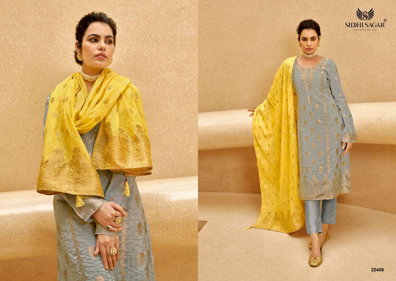 OLOVIA BY SIDDHI SAGAR 22401 TO 22406 SERIES BEAUTIFUL STYLISH SUITS FANCY COLORFUL CASUAL WEAR & ETHNIC WEAR & READY TO WEAR PURE BANARASI SILK JACQUARD DRESSES AT WHOLESALE PRICE