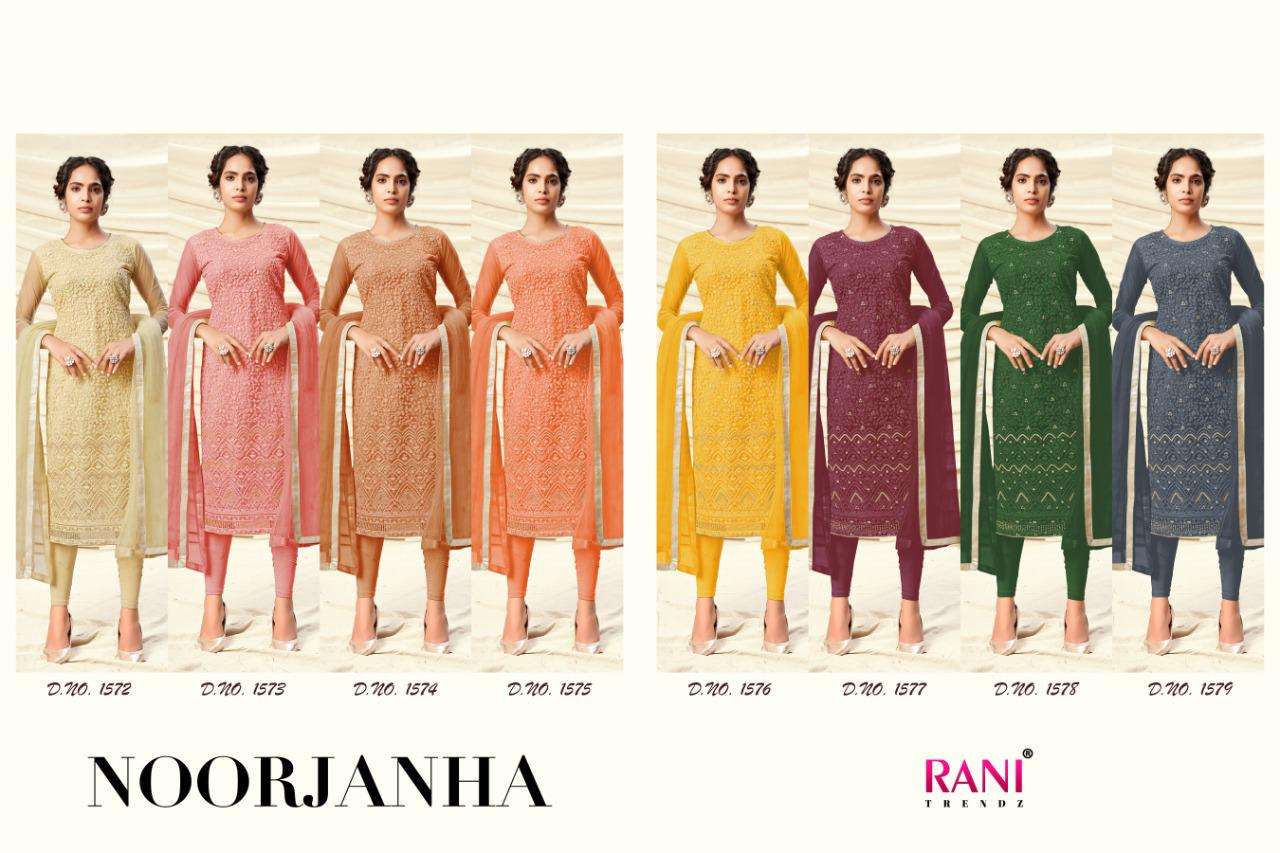 NOORJANHA BY RANI TRENDZ 1572 TO 1579 SERIES BEAUTIFUL SUITS COLORFUL STYLISH FANCY CASUAL WEAR & ETHNIC WEAR HEAVY BUTTERFLY NET THREAD WORK DRESSES AT WHOLESALE PRICE