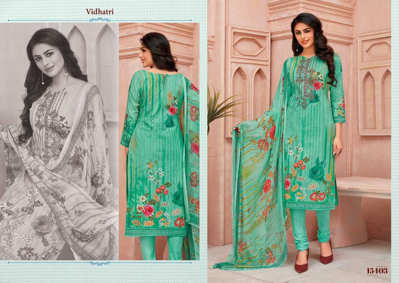 VIDHATRI BY FIRDOUS 15401 TO 15408 SERIES BEAUTIFUL STYLISH SHARARA SUITS FANCY COLORFUL CASUAL WEAR & ETHNIC WEAR & READY TO WEAR LAWN COTTON EMBROIDERED DRESSES AT WHOLESALE PRICE