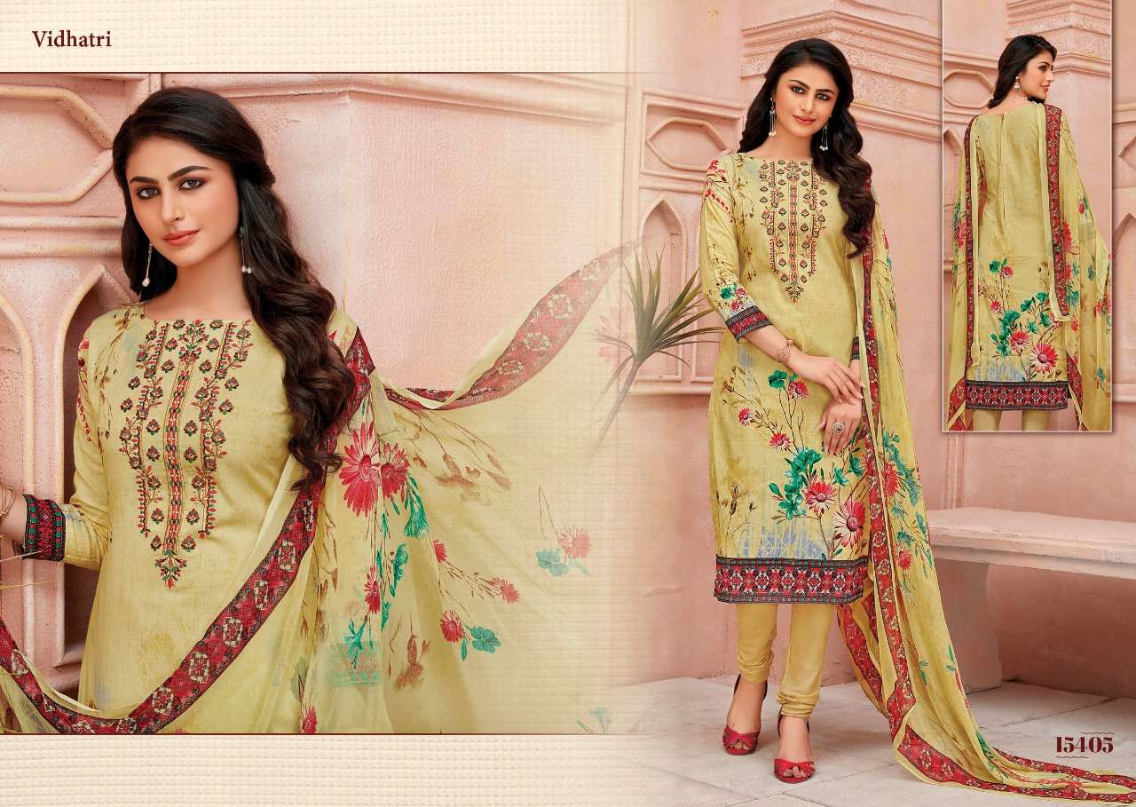 VIDHATRI BY FIRDOUS 15401 TO 15408 SERIES BEAUTIFUL STYLISH SHARARA SUITS FANCY COLORFUL CASUAL WEAR & ETHNIC WEAR & READY TO WEAR LAWN COTTON EMBROIDERED DRESSES AT WHOLESALE PRICE