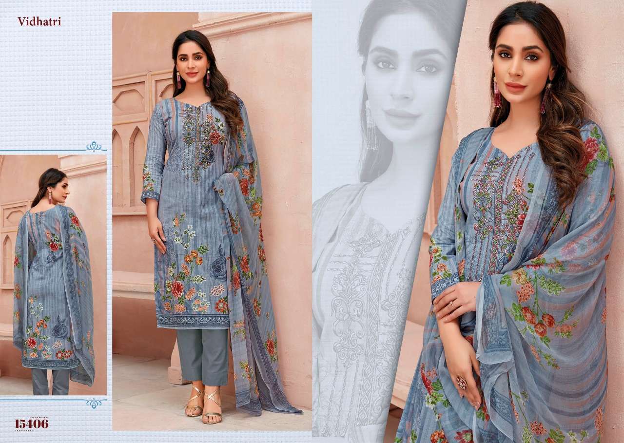 VIDHATRI BY FIRDOUS 15401 TO 15408 SERIES BEAUTIFUL STYLISH SHARARA SUITS FANCY COLORFUL CASUAL WEAR & ETHNIC WEAR & READY TO WEAR LAWN COTTON EMBROIDERED DRESSES AT WHOLESALE PRICE