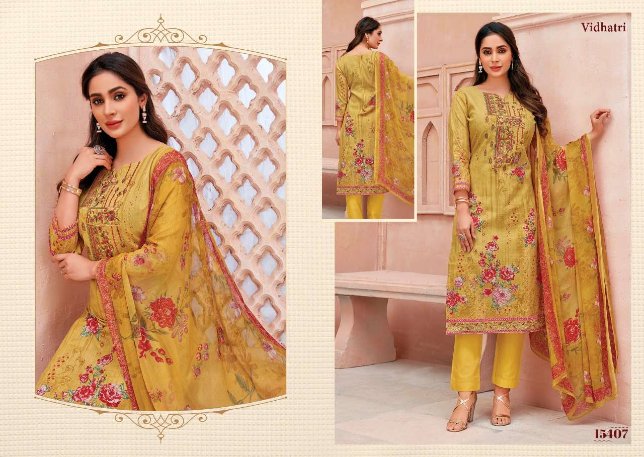 VIDHATRI BY FIRDOUS 15401 TO 15408 SERIES BEAUTIFUL STYLISH SHARARA SUITS FANCY COLORFUL CASUAL WEAR & ETHNIC WEAR & READY TO WEAR LAWN COTTON EMBROIDERED DRESSES AT WHOLESALE PRICE