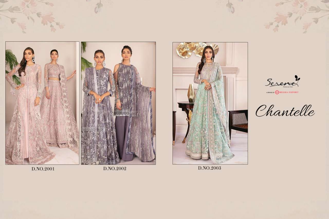 CHANTELLE BY MEGHA EXPORT 2001 TO 2003 SERIES DESIGNER PAKISTANI SUITS COLLECTION BEAUTIFUL STYLISH FANCY COLORFUL PARTY WEAR & OCCASIONAL WEAR HEAVY COTTON BUTTERFLY NET HEAVY EMBROIDERED DRESSES AT WHOLESALE PRICE