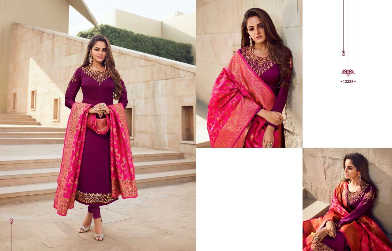 ZISA BANARASI VOL-10 BY MEERA TRENDZ 12351 TO 12358 SERIES BEAUTIFUL SUITS COLORFUL STYLISH FANCY CASUAL WEAR & ETHNIC WEAR SATIN GEORGETTE EMBROIDERED DRESSES AT WHOLESALE PRICE
