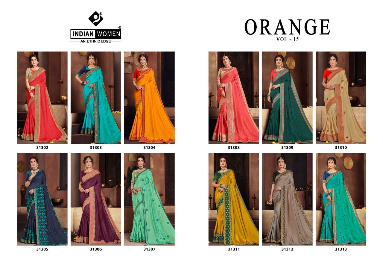 ORANGE VOL-15 BY INDIAN WOMEN 31302 TO 31313 SERIES INDIAN TRADITIONAL WEAR COLLECTION BEAUTIFUL STYLISH FANCY COLORFUL PARTY WEAR & OCCASIONAL WEAR TWO TONE SILK EMBROIDERED SAREES AT WHOLESALE PRICE