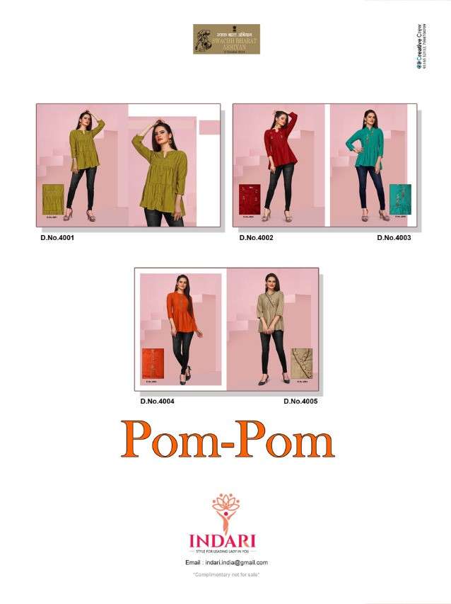 POM POM VOL-4 BY INDARI 4001 TO 4005 SERIES DESIGNER STYLISH FANCY COLORFUL BEAUTIFUL PARTY WEAR & ETHNIC WEAR COLLECTION RAYON HANDWORK TOPS AT WHOLESALE PRICE