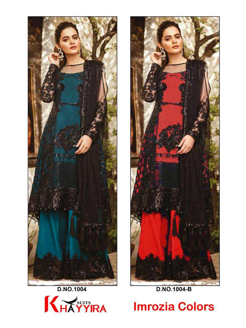 IMROZIA COLOURS BY KHAYYIRA 1004 TO 1004-B SERIES PAKISTANI SUITS BEAUTIFUL FANCY COLORFUL STYLISH PARTY WEAR & OCCASIONAL WEAR BUTTERFLY NET WITH EMBROIDERY DRESSES AT WHOLESALE PRICE