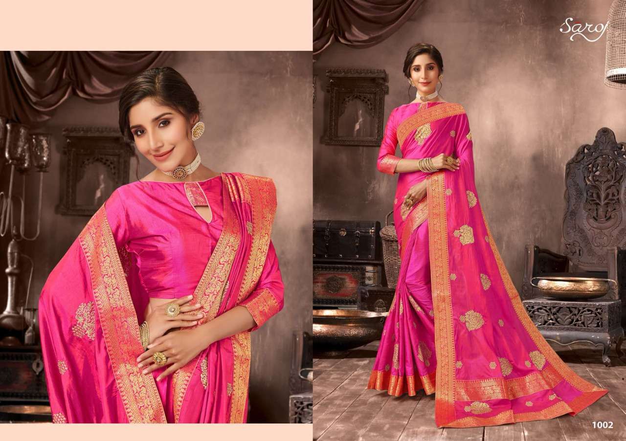 BHAGYASRI BY SAROJ 1001 TO 1006 SERIES INDIAN TRADITIONAL WEAR COLLECTION BEAUTIFUL STYLISH FANCY COLORFUL PARTY WEAR & OCCASIONAL WEAR SANA SILK EMBROIDERED SAREES AT WHOLESALE PRICE