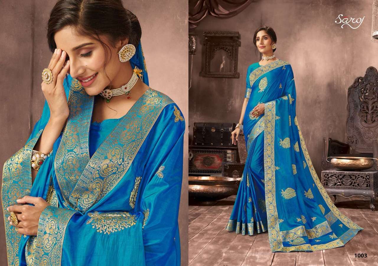 BHAGYASRI BY SAROJ 1001 TO 1006 SERIES INDIAN TRADITIONAL WEAR COLLECTION BEAUTIFUL STYLISH FANCY COLORFUL PARTY WEAR & OCCASIONAL WEAR SANA SILK EMBROIDERED SAREES AT WHOLESALE PRICE