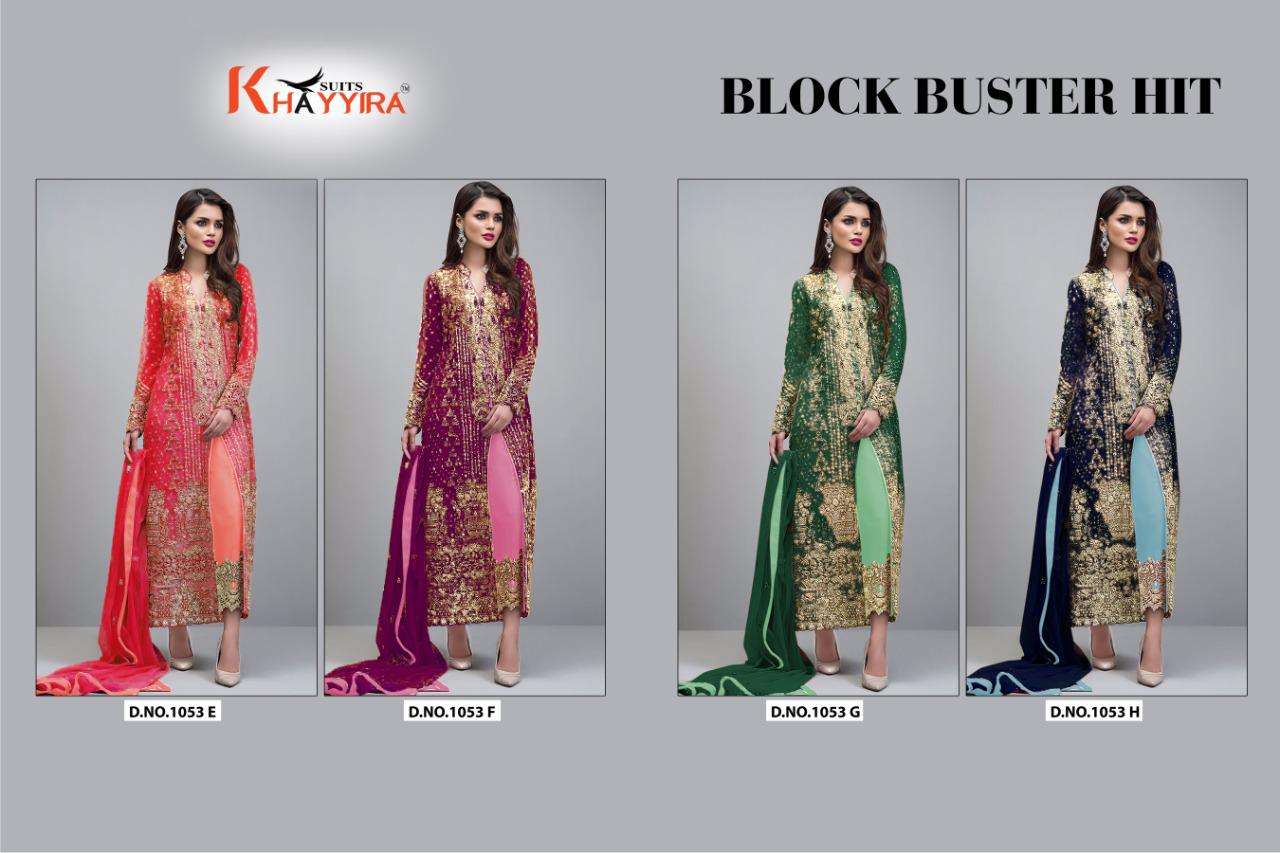BLOCK BUSTER HITS BY KHAYYIRA 1053-F TO 1053-I SERIES BEAUTIFUL PAKISTANI SUITS COLORFUL STYLISH FANCY CASUAL WEAR & ETHNIC WEAR HEAVY GEORGETTE WITH EMBROIDERY DRESSES AT WHOLESALE PRICE