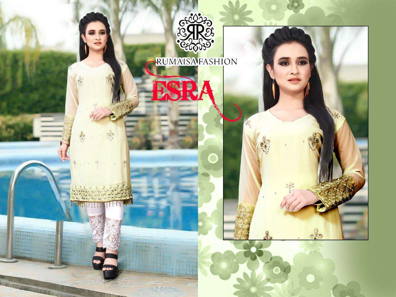 ESRA BY RUMAISHA FASHION 01 TO 02 SERIES DESIGNER STYLISH FANCY COLORFUL BEAUTIFUL PARTY WEAR & ETHNIC WEAR COLLECTION FAUX GEORGETTE EMBROIDERY KURTIS WITH BOTTOM AT WHOLESALE PRICE