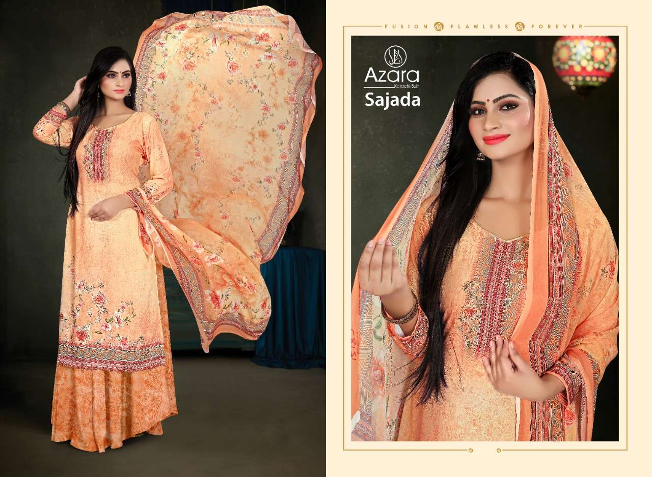 SAJADA BY AZARA 1001 TO 1004 SERIES BEAUTIFUL SUITS COLORFUL STYLISH FANCY CASUAL WEAR & ETHNIC WEAR PURE CREPE DIGITAL PRINT WITH DIAMOND WORK DRESSES AT WHOLESALE PRICE