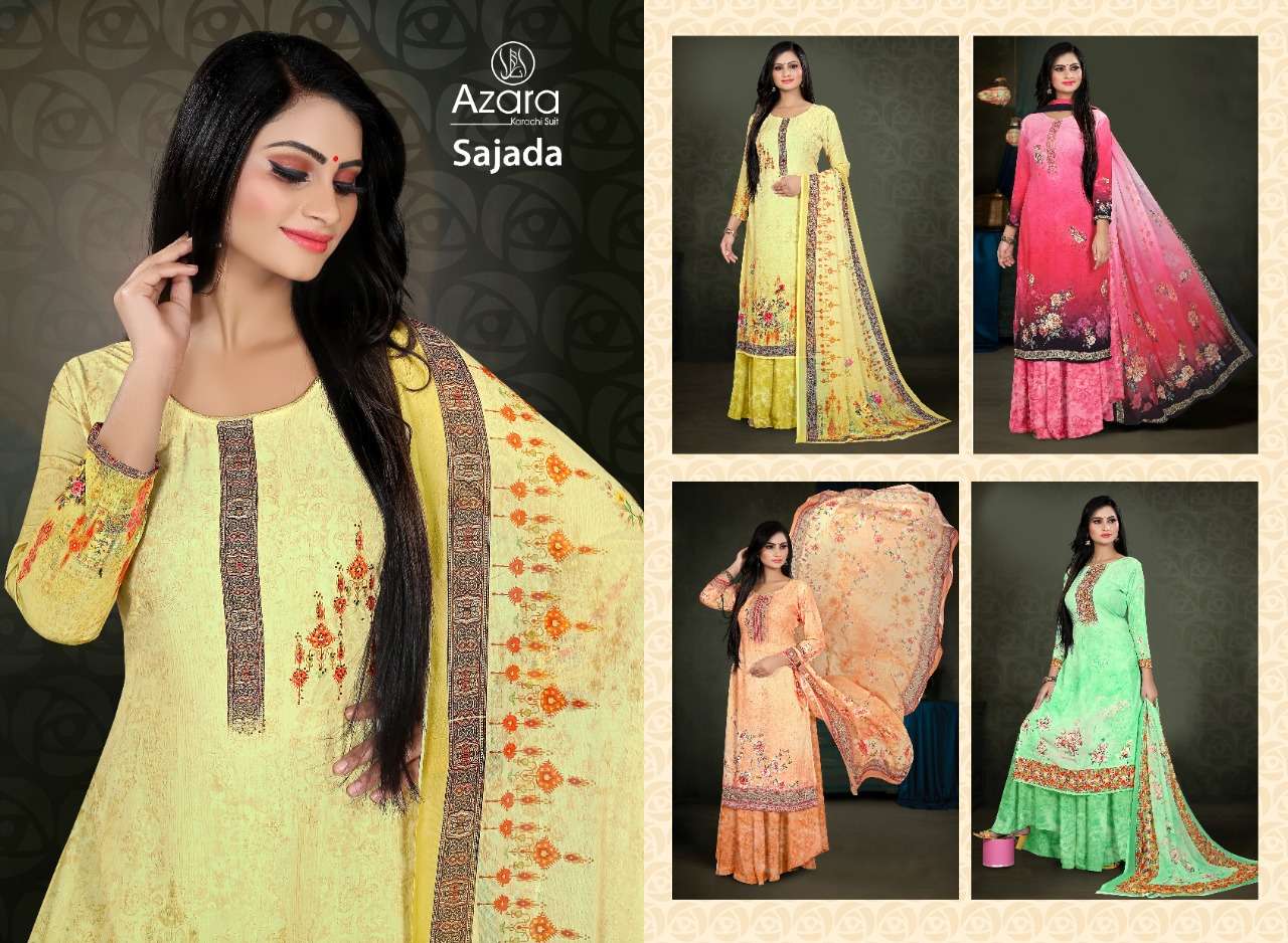 SAJADA BY AZARA 1001 TO 1004 SERIES BEAUTIFUL SUITS COLORFUL STYLISH FANCY CASUAL WEAR & ETHNIC WEAR PURE CREPE DIGITAL PRINT WITH DIAMOND WORK DRESSES AT WHOLESALE PRICE