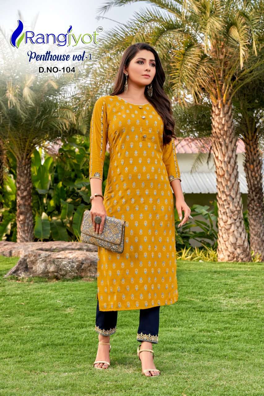 Penthouse Vol-1 By Rangjyot Fashion 101 To 108 Series Beautiful Stylish Fancy Colorful Casual Wear & Ethnic Wear & Ready To Wear Heavy Rayon Slub Print Kurtis With Bottom At Wholesale Price