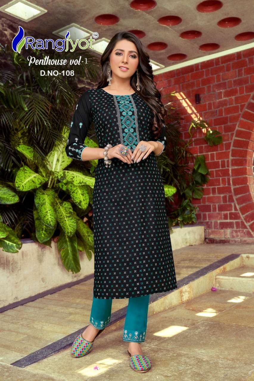 Penthouse Vol-1 By Rangjyot Fashion 101 To 108 Series Beautiful Stylish Fancy Colorful Casual Wear & Ethnic Wear & Ready To Wear Heavy Rayon Slub Print Kurtis With Bottom At Wholesale Price