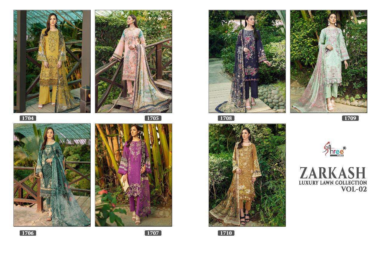 ZARKASH LUXURY LAWN COLLECTION VOL-2 BY SHREE FABS 1704 TO 1710 SERIES BEAUTIFUL PAKISTANI SUITS STYLISH FANCY COLORFUL CASUAL WEAR & ETHNIC WEAR PURE LAWN COTTON EMBROIDERED DRESSES AT WHOLESALE PRICE