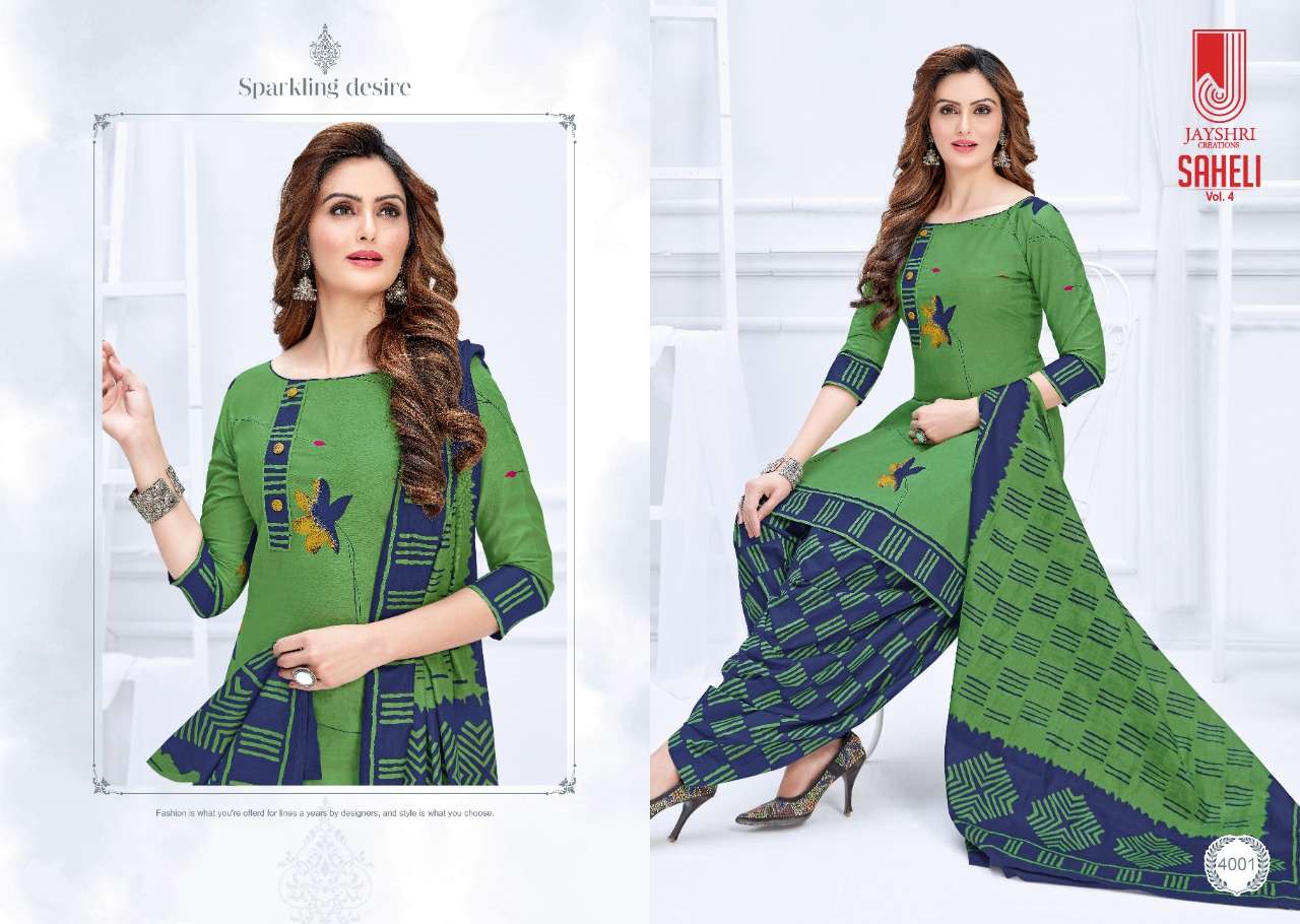 SAHELI VOL-4 BY JAYSHRI CREATIONS 4001 TO 4018 SERIES BEAUTIFUL SUITS STYLISH FANCY COLORFUL PARTY WEAR & OCCASIONAL WEAR PURE COTTON PRINT DRESSES AT WHOLESALE PRICE