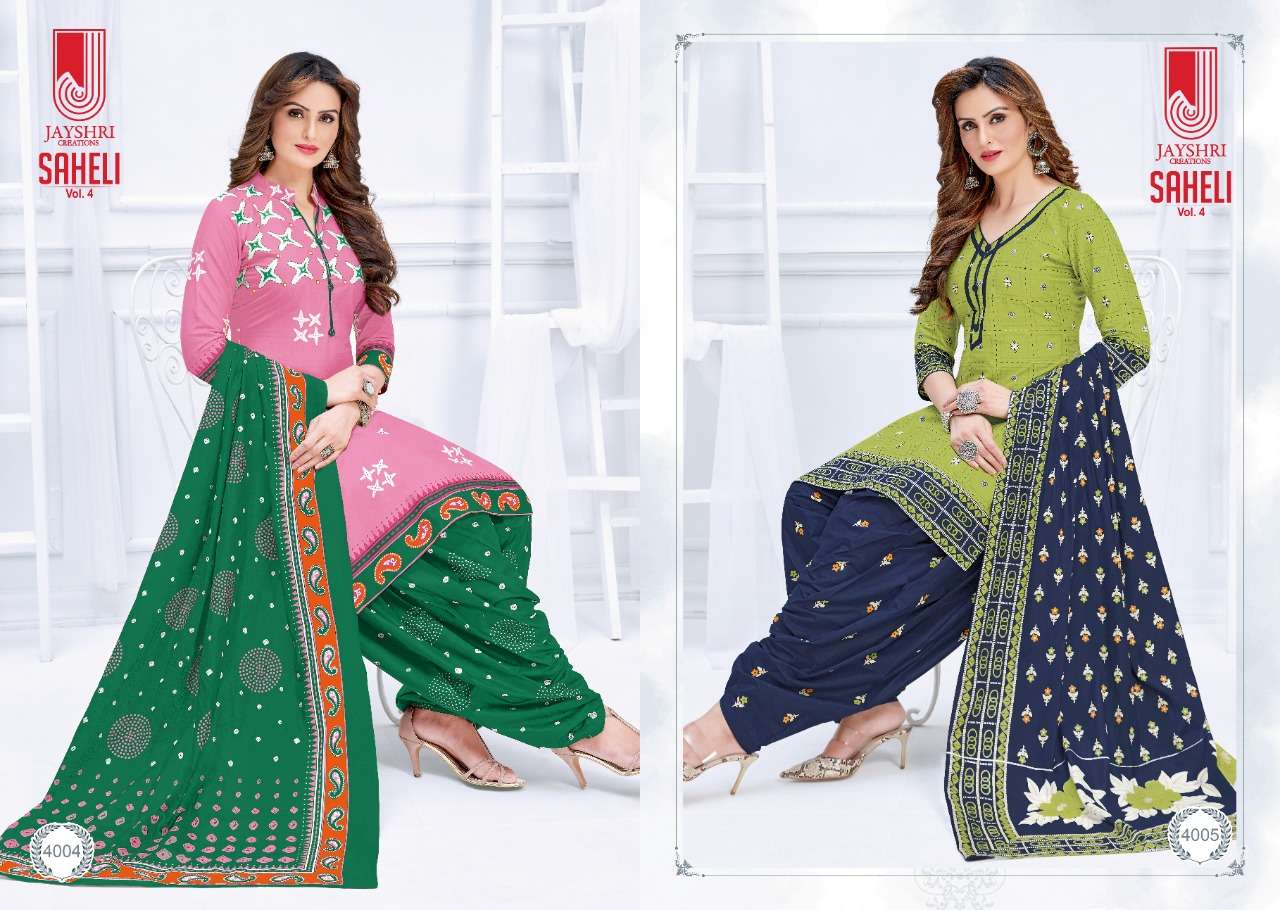 SAHELI VOL-4 BY JAYSHRI CREATIONS 4001 TO 4018 SERIES BEAUTIFUL SUITS STYLISH FANCY COLORFUL PARTY WEAR & OCCASIONAL WEAR PURE COTTON PRINT DRESSES AT WHOLESALE PRICE