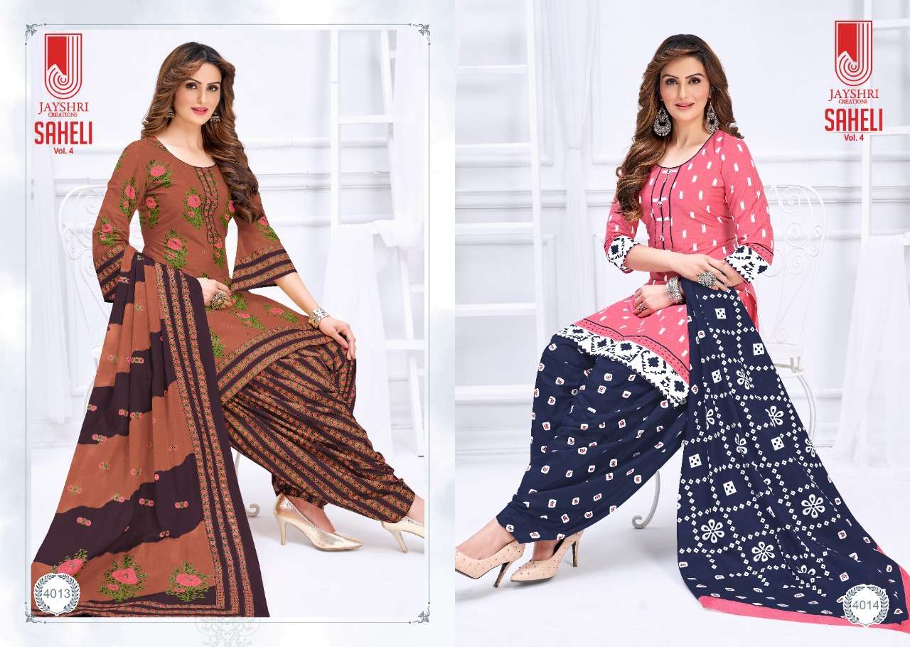 SAHELI VOL-4 BY JAYSHRI CREATIONS 4001 TO 4018 SERIES BEAUTIFUL SUITS STYLISH FANCY COLORFUL PARTY WEAR & OCCASIONAL WEAR PURE COTTON PRINT DRESSES AT WHOLESALE PRICE