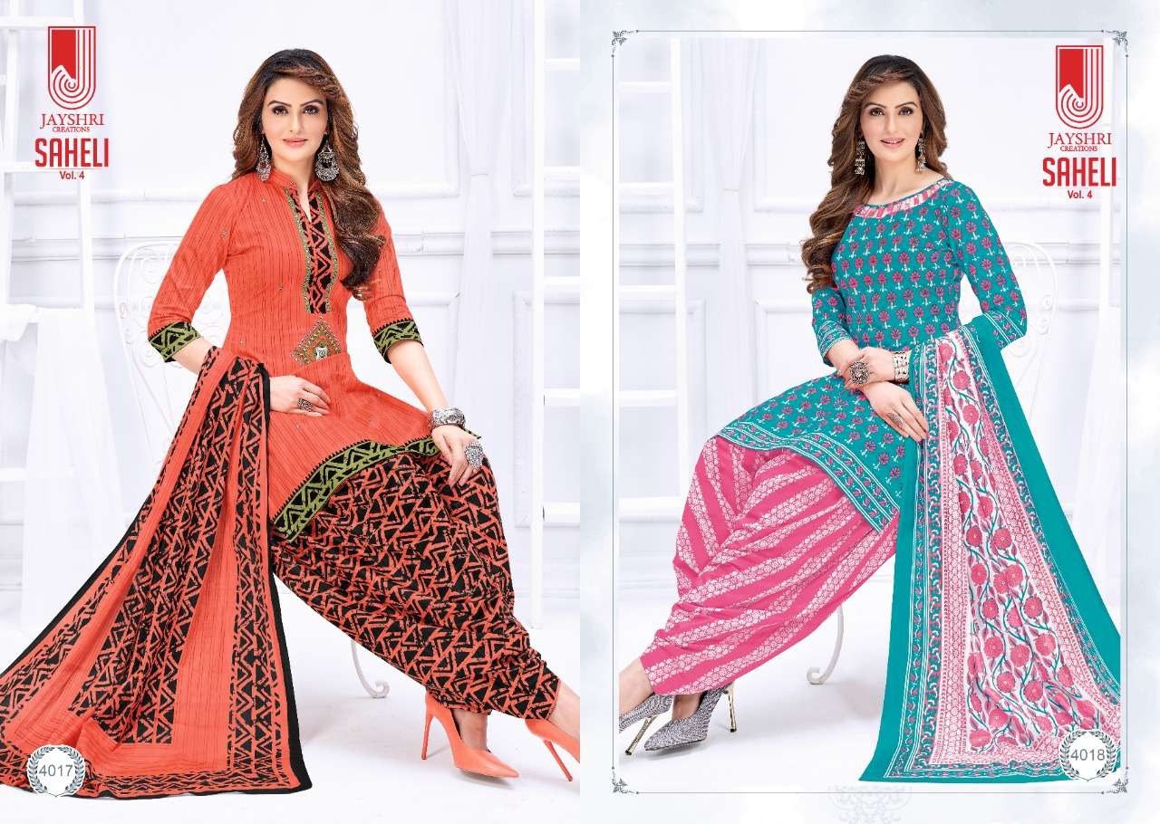 SAHELI VOL-4 BY JAYSHRI CREATIONS 4001 TO 4018 SERIES BEAUTIFUL SUITS STYLISH FANCY COLORFUL PARTY WEAR & OCCASIONAL WEAR PURE COTTON PRINT DRESSES AT WHOLESALE PRICE