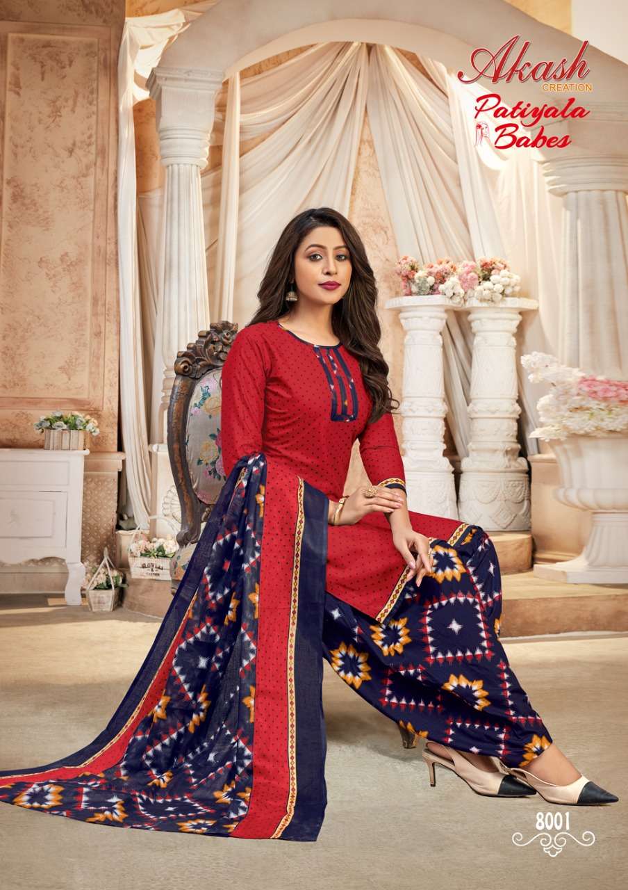 PATIYALA BABES VOL-8 BY AKASH CREATIONS 8001 TO 8010 SERIES BEAUTIFUL SUITS STYLISH FANCY COLORFUL PARTY WEAR & OCCASIONAL WEAR PURE COTTON PRINT DRESSES AT WHOLESALE PRICE