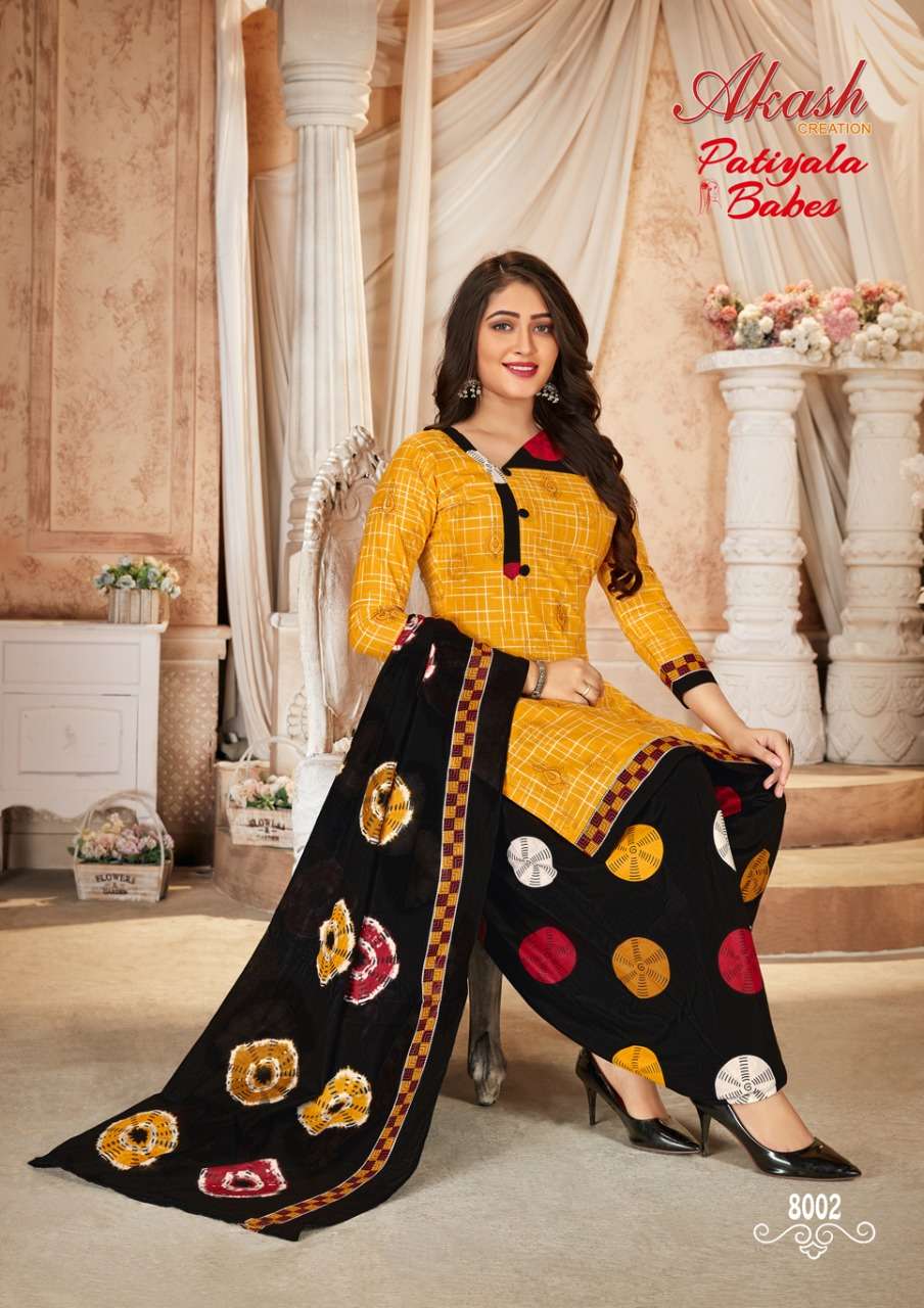 PATIYALA BABES VOL-8 BY AKASH CREATIONS 8001 TO 8010 SERIES BEAUTIFUL SUITS STYLISH FANCY COLORFUL PARTY WEAR & OCCASIONAL WEAR PURE COTTON PRINT DRESSES AT WHOLESALE PRICE