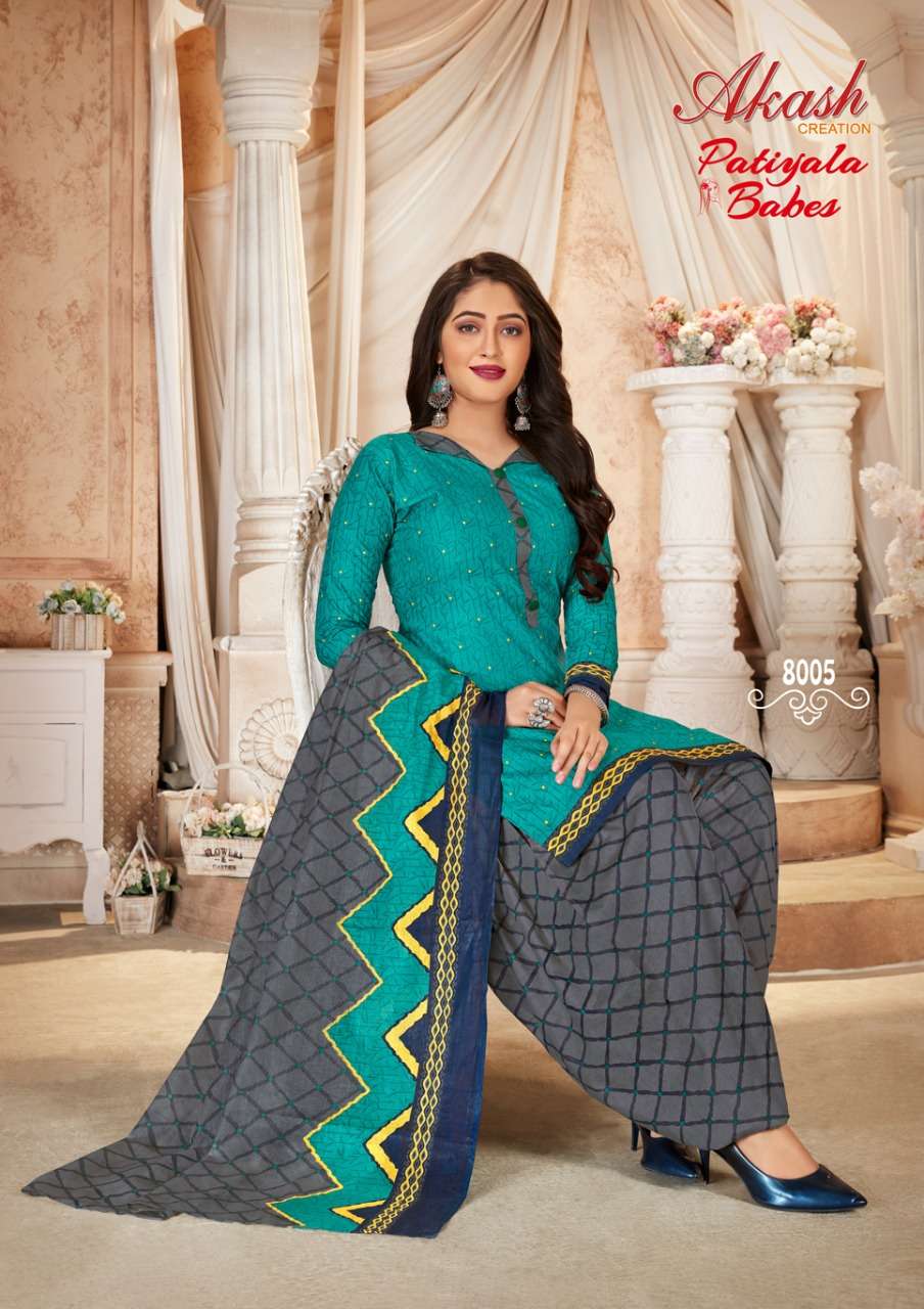 PATIYALA BABES VOL-8 BY AKASH CREATIONS 8001 TO 8010 SERIES BEAUTIFUL SUITS STYLISH FANCY COLORFUL PARTY WEAR & OCCASIONAL WEAR PURE COTTON PRINT DRESSES AT WHOLESALE PRICE