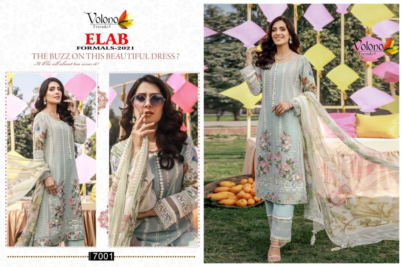 ELAB FORMALS-2021 BY VOLONO TRENDZ 7001 TO 7004 SERIES BEAUTIFUL PAKISTANI SUITS COLORFUL STYLISH FANCY CASUAL WEAR & ETHNIC WEAR PURE CAMBRIC EMBROIDERY DRESSES AT WHOLESALE PRICE