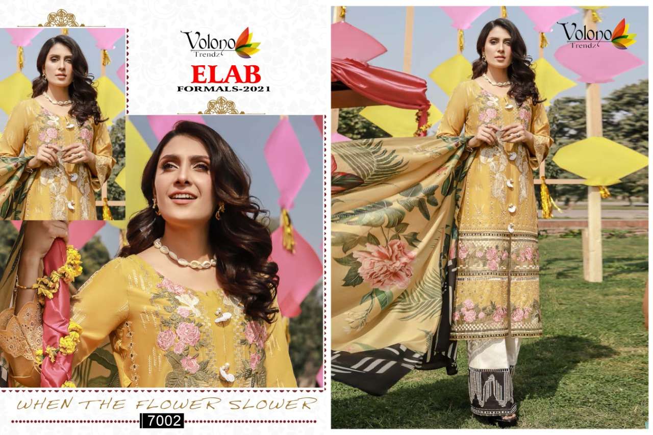 ELAB FORMALS-2021 BY VOLONO TRENDZ 7001 TO 7004 SERIES BEAUTIFUL PAKISTANI SUITS COLORFUL STYLISH FANCY CASUAL WEAR & ETHNIC WEAR PURE CAMBRIC EMBROIDERY DRESSES AT WHOLESALE PRICE