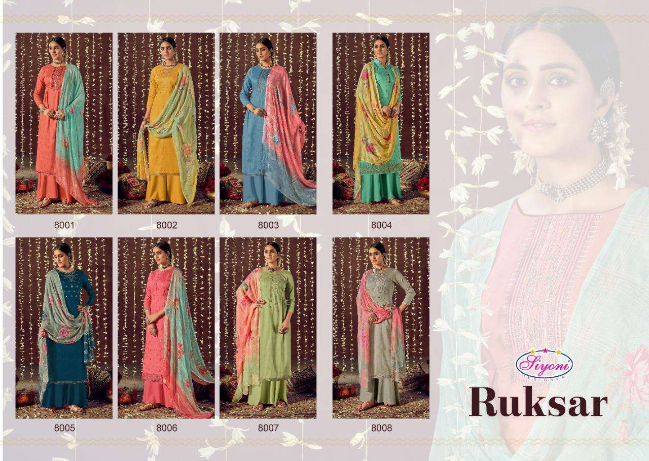 RUKSAR BY SIYONI 8001 TO 8008 SERIES BEAUTIFUL SUITS COLORFUL STYLISH FANCY CASUAL WEAR & ETHNIC WEAR PURE HEAVY JAM COTTON PRINT WITH EMBROIDERY WORK DRESSES AT WHOLESALE PRICE