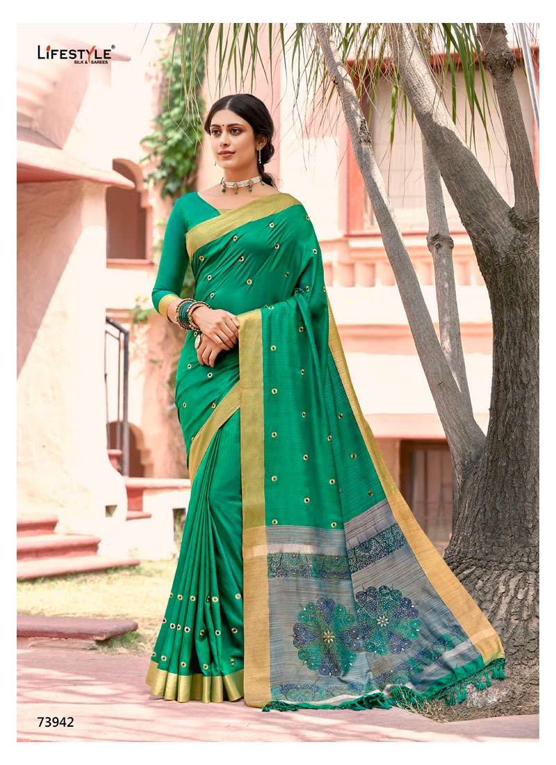 GAURI POOJA BY LIFESTYLE 73941 TO 73946 SERIES INDIAN TRADITIONAL WEAR COLLECTION BEAUTIFUL STYLISH FANCY COLORFUL PARTY WEAR & OCCASIONAL WEAR CRYSTAL SILK SAREES AT WHOLESALE PRICE
