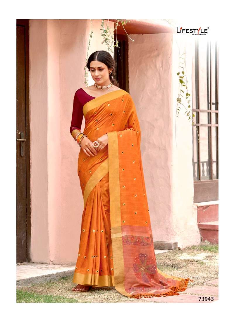 GAURI POOJA BY LIFESTYLE 73941 TO 73946 SERIES INDIAN TRADITIONAL WEAR COLLECTION BEAUTIFUL STYLISH FANCY COLORFUL PARTY WEAR & OCCASIONAL WEAR CRYSTAL SILK SAREES AT WHOLESALE PRICE