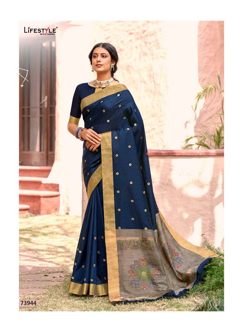 GAURI POOJA BY LIFESTYLE 73941 TO 73946 SERIES INDIAN TRADITIONAL WEAR COLLECTION BEAUTIFUL STYLISH FANCY COLORFUL PARTY WEAR & OCCASIONAL WEAR CRYSTAL SILK SAREES AT WHOLESALE PRICE