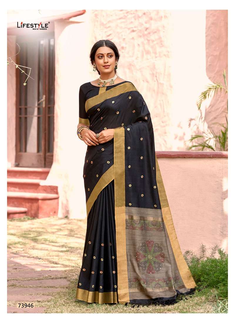 GAURI POOJA BY LIFESTYLE 73941 TO 73946 SERIES INDIAN TRADITIONAL WEAR COLLECTION BEAUTIFUL STYLISH FANCY COLORFUL PARTY WEAR & OCCASIONAL WEAR CRYSTAL SILK SAREES AT WHOLESALE PRICE