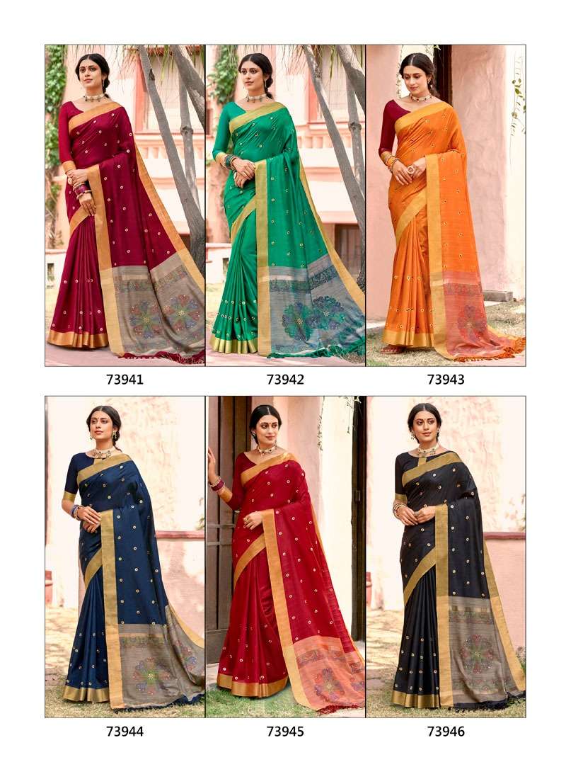 GAURI POOJA BY LIFESTYLE 73941 TO 73946 SERIES INDIAN TRADITIONAL WEAR COLLECTION BEAUTIFUL STYLISH FANCY COLORFUL PARTY WEAR & OCCASIONAL WEAR CRYSTAL SILK SAREES AT WHOLESALE PRICE