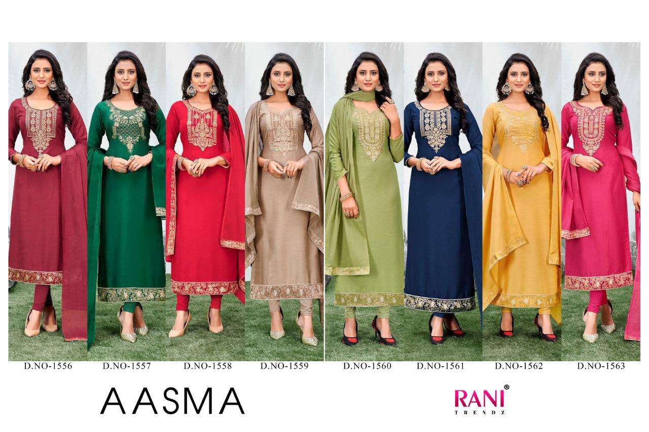 AASMA BY RANI TRENDZ 1556 TO 1563 SERIES DESIGNER SUITS BEAUTIFUL STYLISH FANCY COLORFUL PARTY WEAR & OCCASIONAL WEAR PURE COTTON DOLA JACQUARD DRESSES AT WHOLESALE PRICE