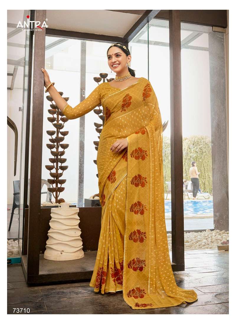 BUL BUL BY ANTRA 73701 TO 73710 SERIES INDIAN TRADITIONAL WEAR COLLECTION BEAUTIFUL STYLISH FANCY COLORFUL PARTY WEAR & OCCASIONAL WEAR GEORGETTE FOIL PRINT SAREES AT WHOLESALE PRICE