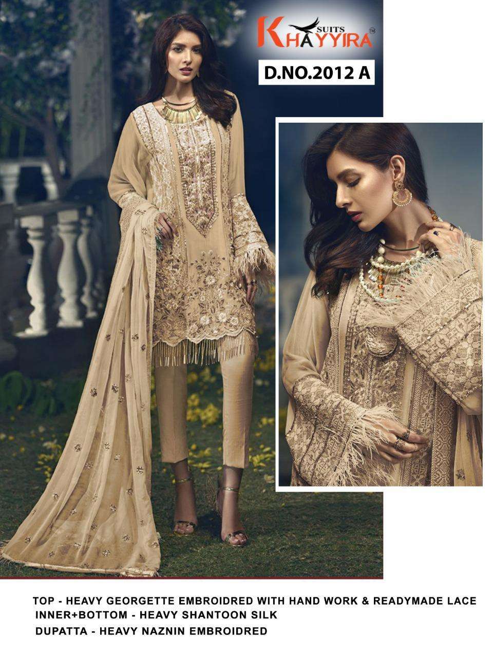 CROSS STITCH BY KHAYYIRA 2012-A TO 2012-H SERIES BEAUTIFUL PAKISTANI SUITS STYLISH FANCY COLORFUL CASUAL WEAR & ETHNIC WEAR HEAVY GEORGETTE WITH EMBROIDERY DRESSES AT WHOLESALE PRICE
