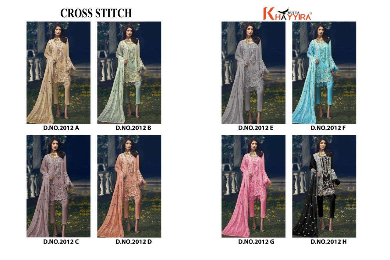 CROSS STITCH BY KHAYYIRA 2012-A TO 2012-H SERIES BEAUTIFUL PAKISTANI SUITS STYLISH FANCY COLORFUL CASUAL WEAR & ETHNIC WEAR HEAVY GEORGETTE WITH EMBROIDERY DRESSES AT WHOLESALE PRICE